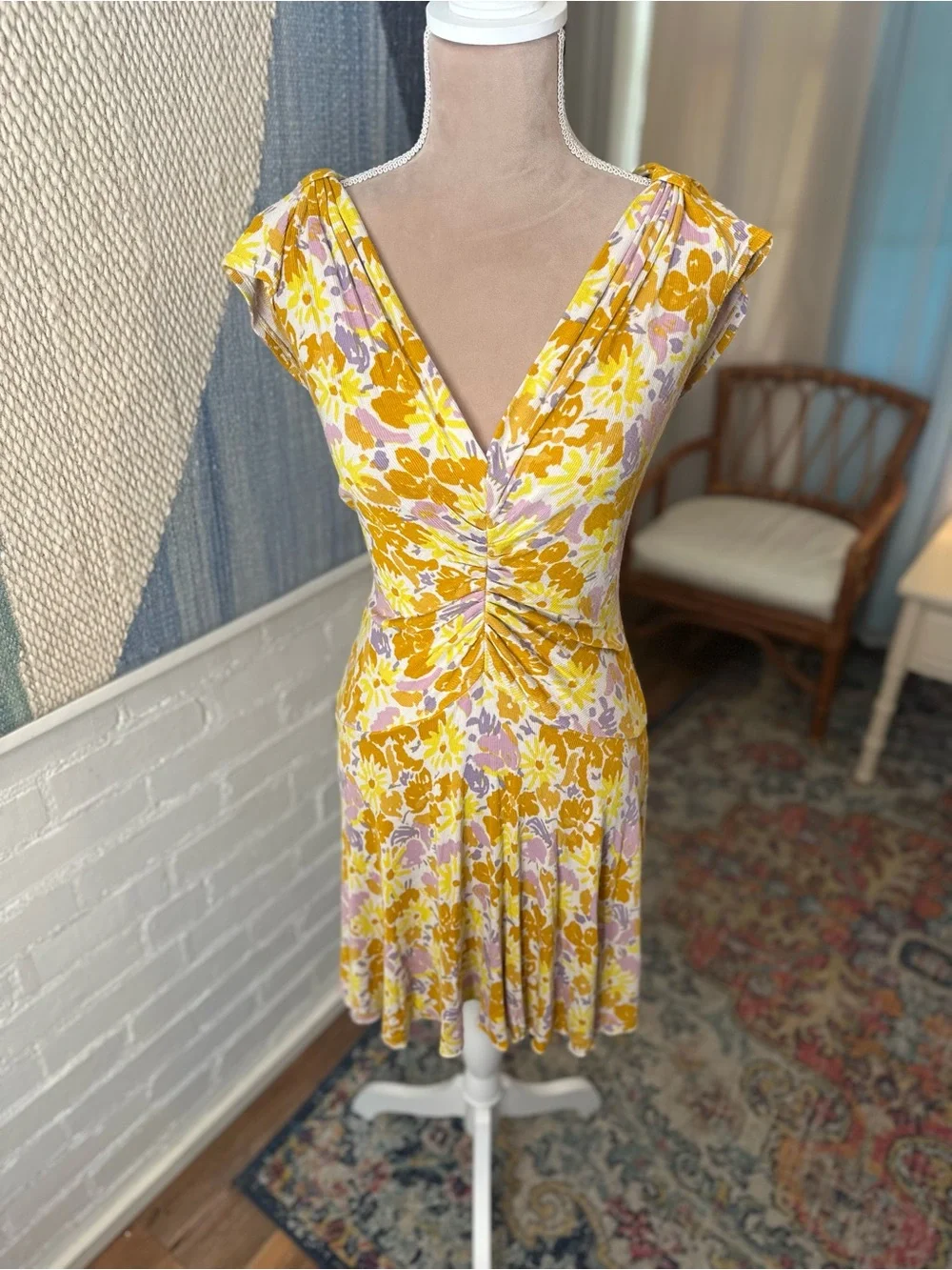 Free People Yellow and Purple Floral Ribbed Drop Waist Dress